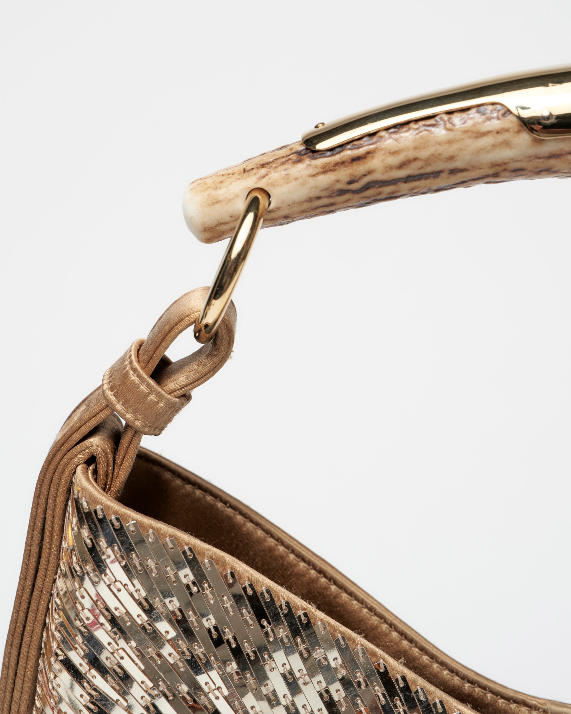 Saint Laurent sequin satin Mombasa horn bag in gold – Iryna Sigunava